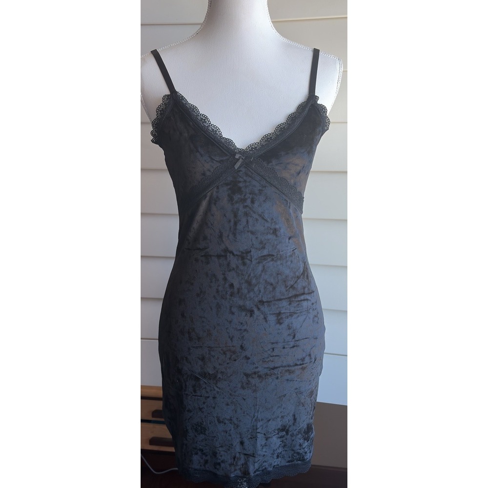 Whimsigoth Velvet Black Lace Trim Mini‎ Slip Dress S Y2K Fairygoth Vamp Grunge